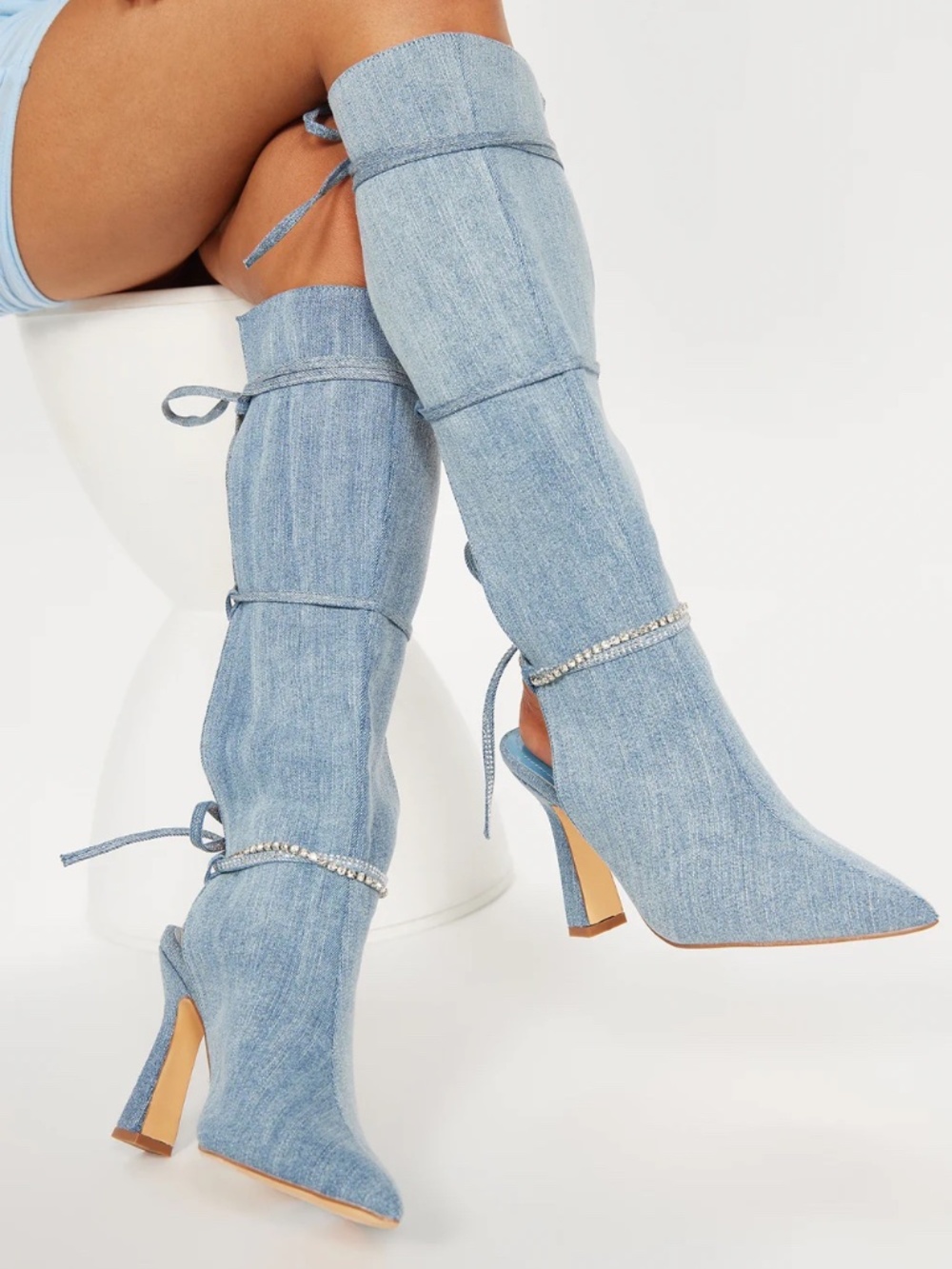 Fashion Nova Serena Embellished Knee High Boots in denim size 7.5 NWOT